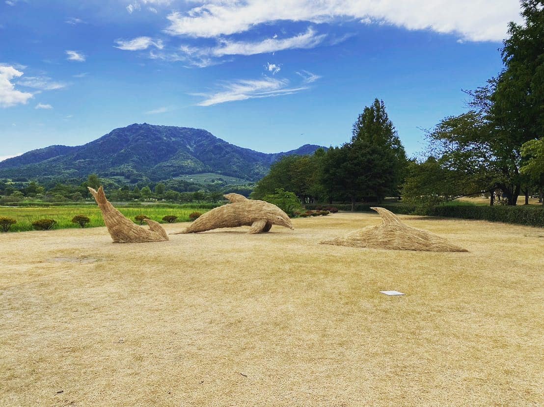 three dolphin sculptures made of straw