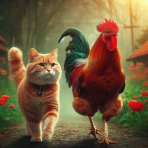 Cat Takes His Rooster Buddy For A Stroll